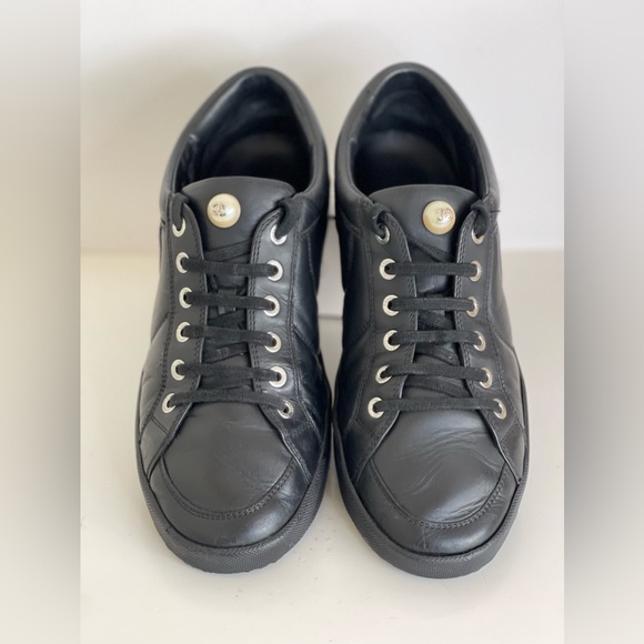 CHANEL Runway Women's Pearl Logo Black Leather Sneakers - Picture 4 of 13